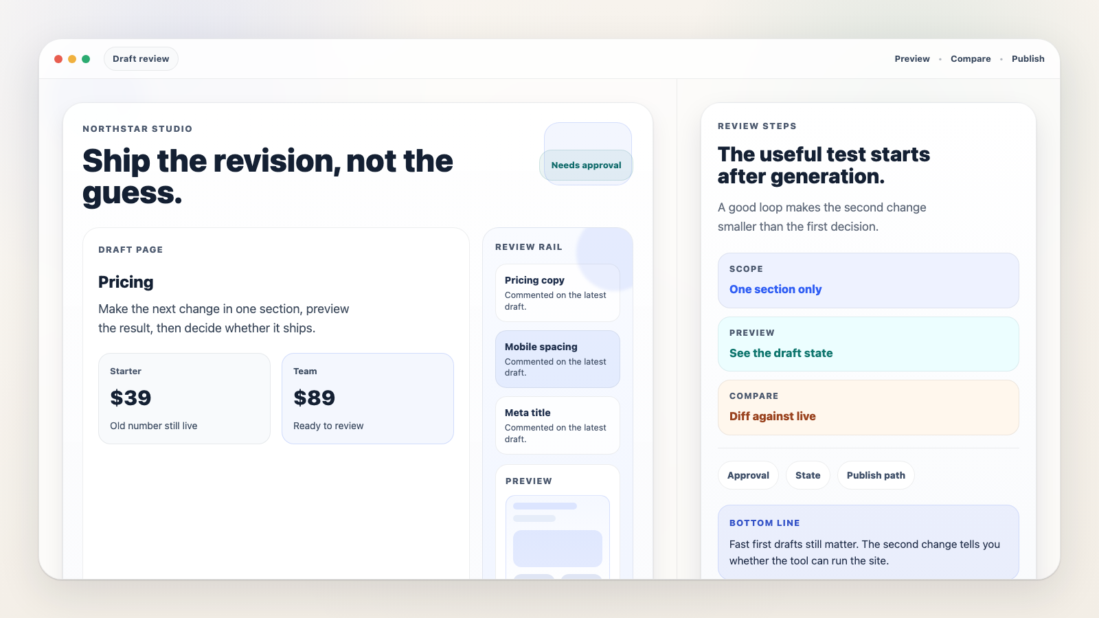 Website draft canvas with review comments, preview controls, and approval steps.