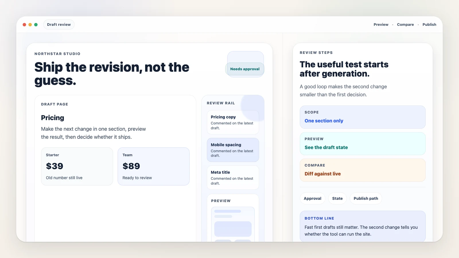 Website draft canvas with review comments, preview controls, and approval steps.