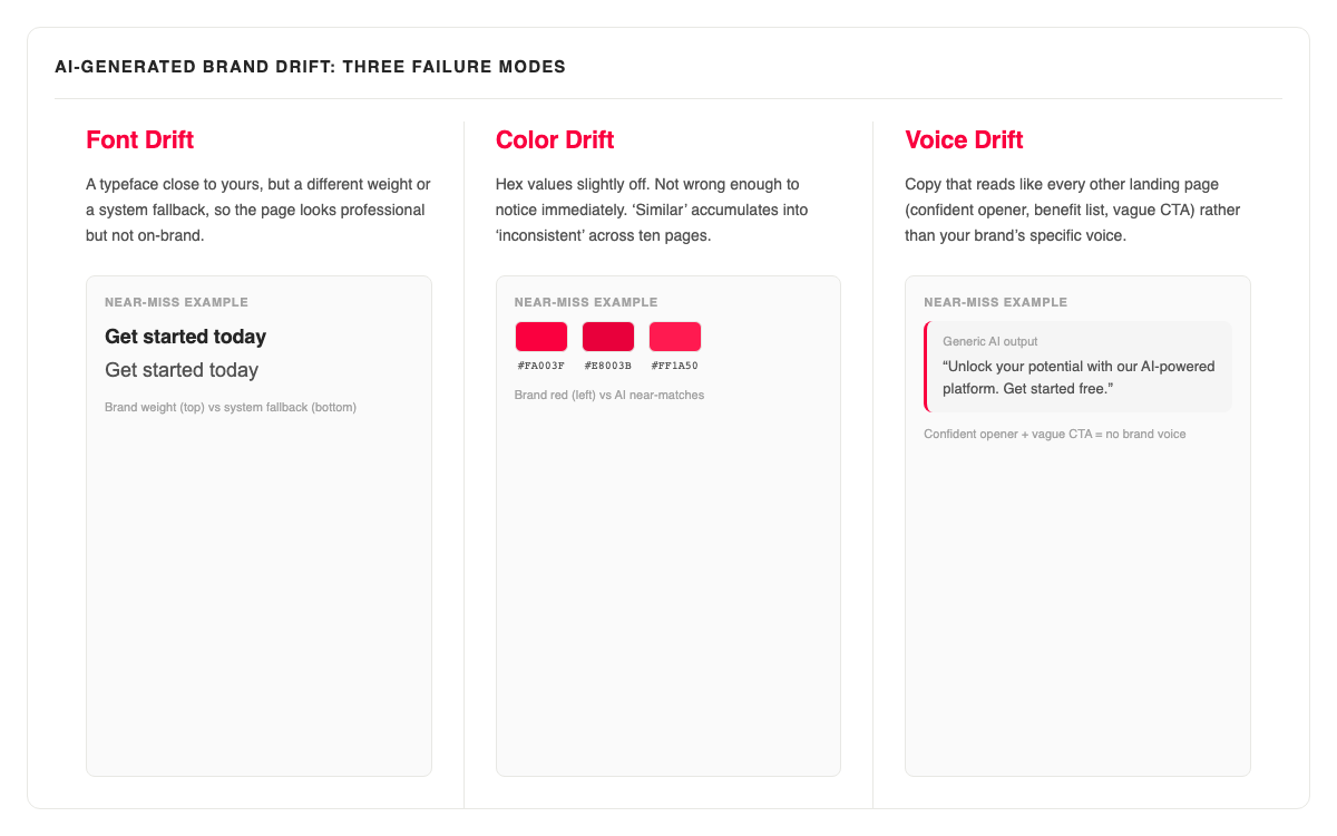 Three-column diagram: Font Drift (wrong typeface weight), Color Drift (near-match hex values), Voice Drift (generic landing-page copy).