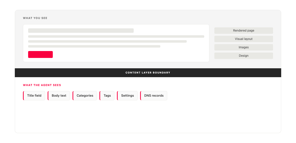 Two horizontal layers stacked. The top layer, labeled "What you see," shows the rendered page, visual layout, images, and design. The bottom layer, labeled "What the agent sees," shows Title field, Body text, Categories, Tags, Settings, and DNS records. A clear horizontal separator divides the two. Flat and minimal.