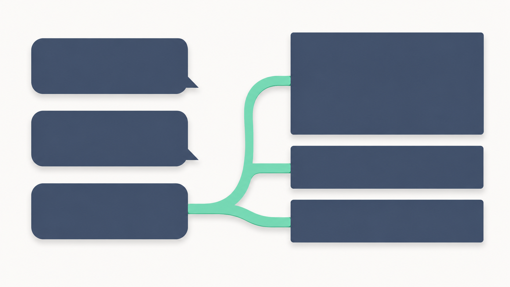 Abstract editorial illustration: a conversation thread on the left resolves into a running full-stack application on the right, with a small database icon behind it.
