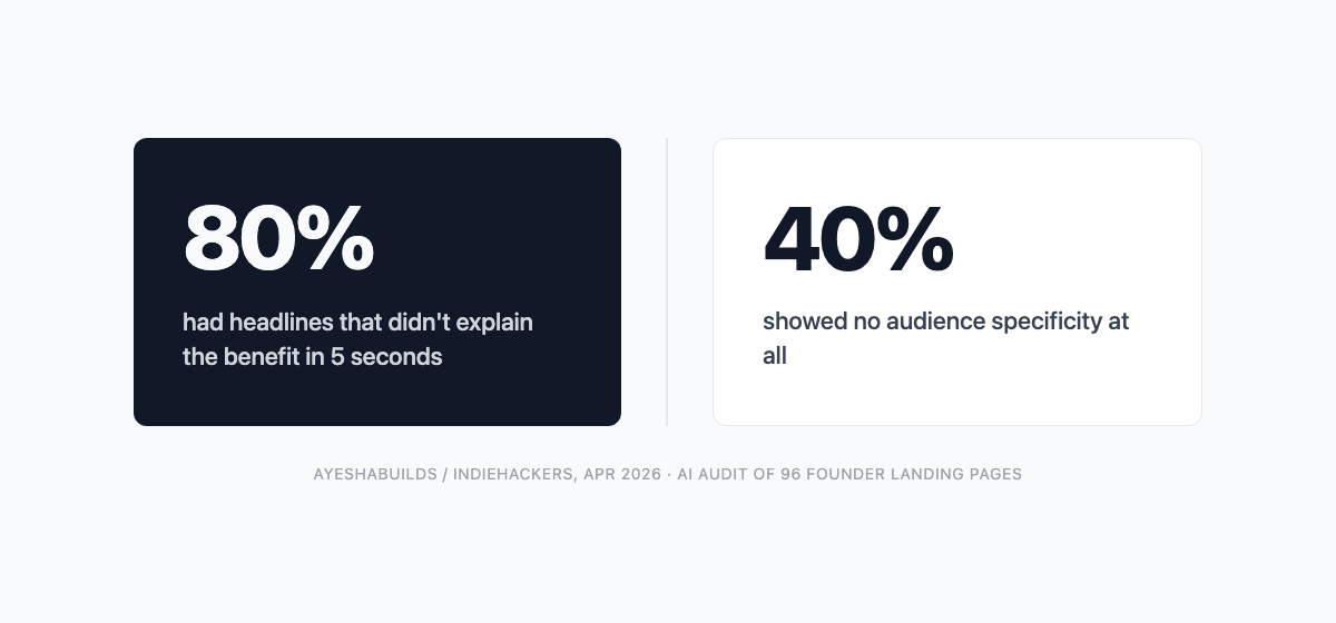 Two stats: 80% of pages had headlines that didn't explain the benefit in 5 seconds; 40% showed no audience specificity at all. Source: AyeshaBuilds / IndieHackers, Apr 2026