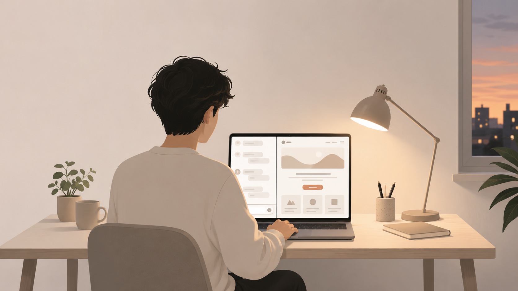 A solo founder at a laptop in the evening, a chat window open on one half of the screen, a clean published landing page without a designer on the other. Light palette. No Figma, no visual editor visible.